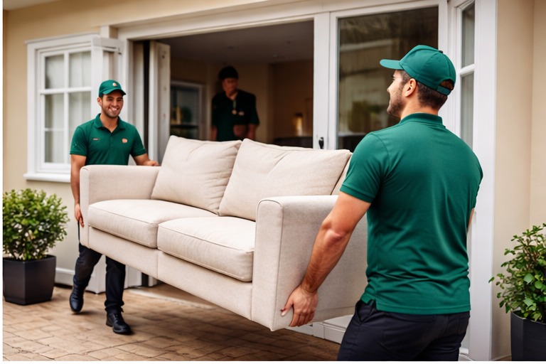 Two people carrying a large sofa