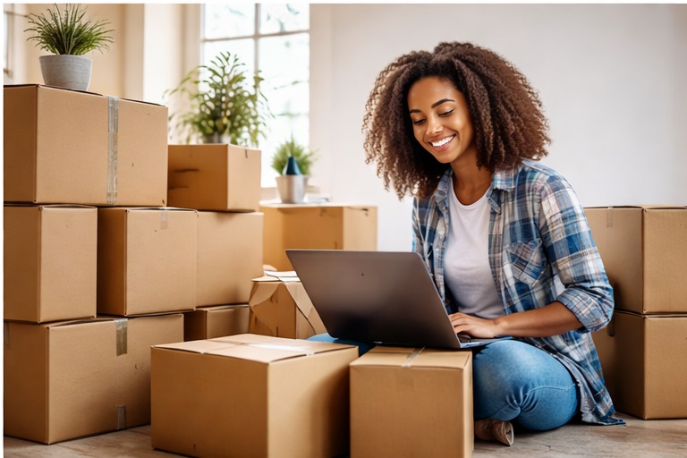 Student surrounded by moving boxes
